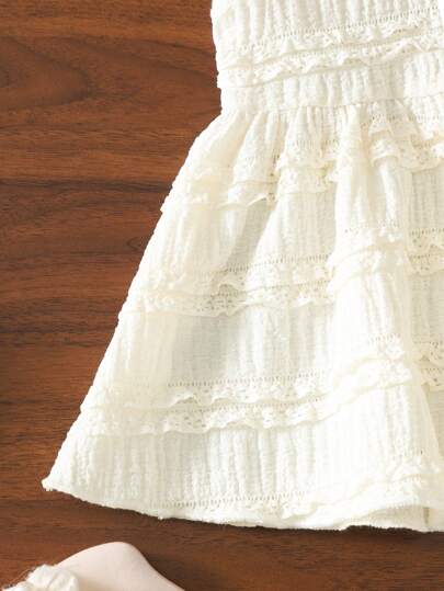 SHEIN Vintaside Kids طقم فستان بخطوط كروشيه للأطفال الرضع، موضة صيفية