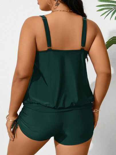 Swim Lushoire طقم بكيني قطعة واحدة سادة للمقاسات الكبيرة جهة الصيف، بلا أكمام، مجعد، بسيط