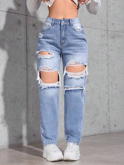 SHEIN PETITE جينز جينز مهترئ غير رسمي بشكل مخروطي للنساء