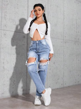 SHEIN PETITE جينز جينز مهترئ غير رسمي بشكل مخروطي للنساء