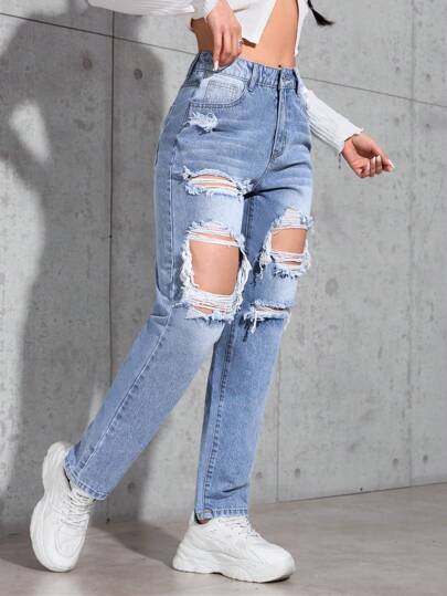 SHEIN PETITE جينز جينز مهترئ غير رسمي بشكل مخروطي للنساء