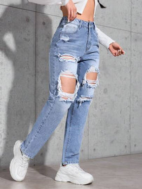 SHEIN PETITE جينز جينز مهترئ غير رسمي بشكل مخروطي للنساء