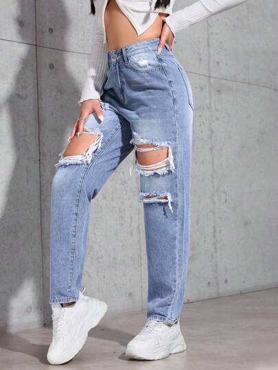 SHEIN PETITE جينز جينز مهترئ غير رسمي بشكل مخروطي للنساء