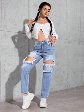 SHEIN PETITE جينز جينز مهترئ غير رسمي بشكل مخروطي للنساء