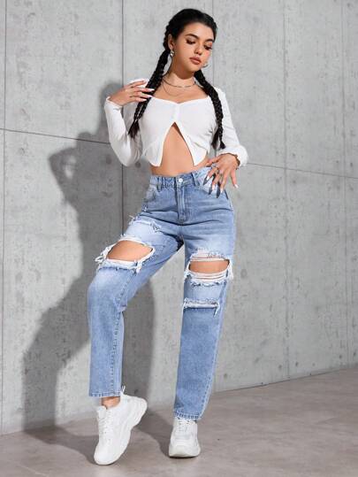 SHEIN PETITE جينز جينز مهترئ غير رسمي بشكل مخروطي للنساء