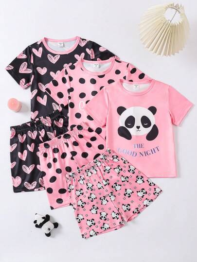 SHEIN 6 طقم بيجامة للفتيات مكون من شورت وقميص كم قصير مطبوع عليه شكل قطة وأشكال نقاط