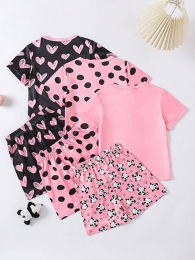 SHEIN 6 طقم بيجامة للفتيات مكون من شورت وقميص كم قصير مطبوع عليه شكل قطة وأشكال نقاط
