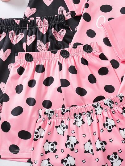 SHEIN 6 طقم بيجامة للفتيات مكون من شورت وقميص كم قصير مطبوع عليه شكل قطة وأشكال نقاط