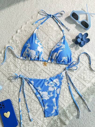 طقم تانكيني حريمي Swim Mod مجموعة بأعلى أبيض مقصوص ذو رقبة متلاصقة مطبوع بالزهور وبيكيني ذي ربطة جانبية، للشاطئ والعطلات الصيفية