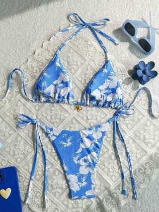 طقم تانكيني حريمي Swim Mod مجموعة بأعلى أبيض مقصوص ذو رقبة متلاصقة مطبوع بالزهور وبيكيني ذي ربطة جانبية، للشاطئ والعطلات الصيفية