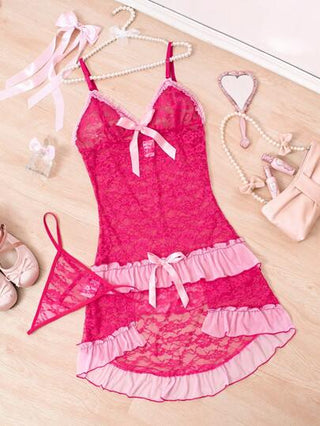 لانجيري حريمي FairyFlirt قطعتان من الثوب الحريمي المنام المبالغ الزائد بطابع رقيقة متعددة الطبقات مزينة بالزهور الرباعية على الهامش الساخن، لون الأرجواني والوردي