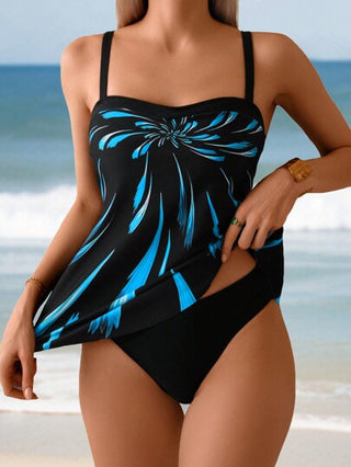 طقم تانكيني حريمي Swim Lushoire مجموعة تنكري بفتحة للرقبة قطعتين للنساء لأزياء الشاطئ، بطبعات ألعاب نارية أنيقة، مع أسفل ثلاثي الأضلاع، ملابس سباحة عصرية للعطلات الصيفية والشاطئ