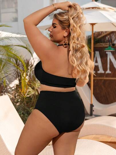 Swim SXY مجموعة بكيني للشاطئ في الصيف للمقاسات الكبيرة ذو خصر عالي من قطعتين، مزين بشريط أسيمتري