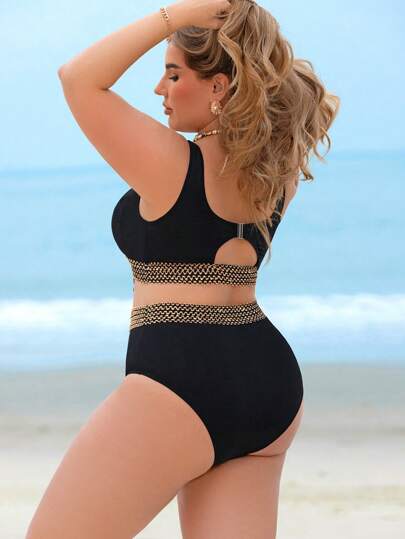 Swim Lushoire مجموعة بكيني للسيدات بمقاسات كبيرة مكونة من قطعتين، قماش نسيج خشن، ربطة أمامية للصدر وخصر عالي، ملابس سباحة أنيقة وجذابة للعطلات والشاطئ في فصل الصيف