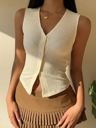 EZwear لباس علوي بلا أكمام لون سادة أمامية مع أزرار، ارتداء يومي عادي للنساء