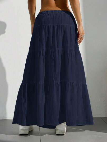 EZwear تنورة نسائية كاجوال ذات لون أحادي ذات ملمس مجعد خصر منخفض قصة شبه خطّ A