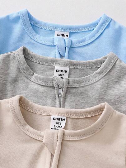SHEIN مجموعة 3 قطع من بدلات النوم المبطنة للحديثي الولادة ذات الأكمام الطويلة والأرجل بألوان الأزرق والبيج والرمادي