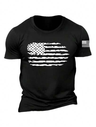 تي شيرت كاجوال صيفي بياقة مستديرة وأكمام قصيرة مع طباعة علم أمريكا للرجال