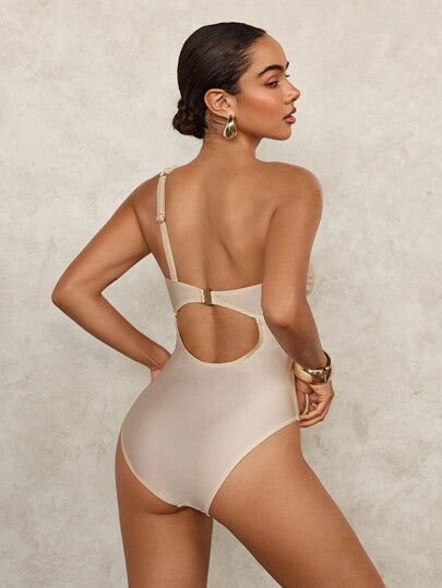 مايوه حريمي قطعة واحدة Swim Glamine قطعة واحدة من ملابس السباحة البيضاوي الأحادية اللون والمجوفة غير المتماثلة, لفصل الصيف والعطلات الشاطئية
