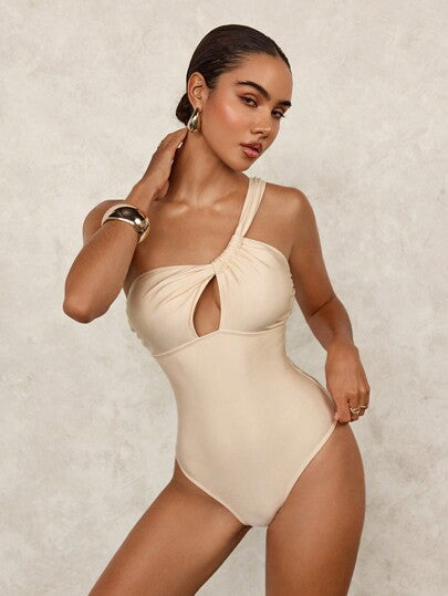 مايوه حريمي قطعة واحدة Swim Glamine قطعة واحدة من ملابس السباحة البيضاوي الأحادية اللون والمجوفة غير المتماثلة, لفصل الصيف والعطلات الشاطئية