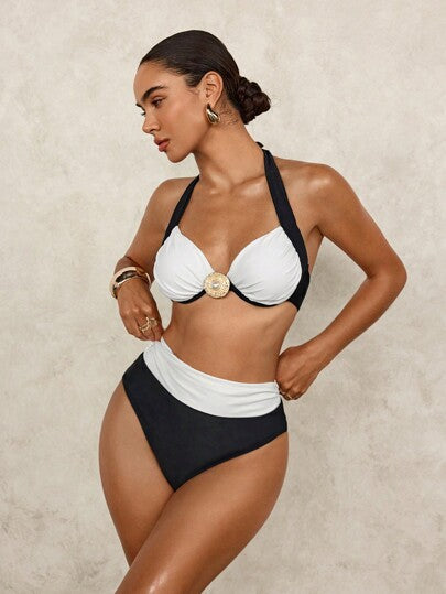 Swim Glamine طقم ملابس سباحة بشكل الكيم بي الرجعي الأبيض والأسود المثير المرتبة والمقوس لأعلى والسروال ذو الخصر العالي، للاستخدام في الشاطئ والعطلات الصيفية