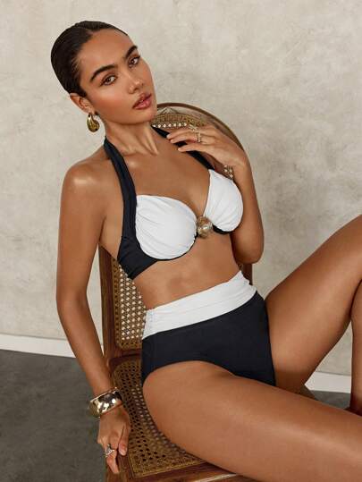 Swim Glamine طقم ملابس سباحة بشكل الكيم بي الرجعي الأبيض والأسود المثير المرتبة والمقوس لأعلى والسروال ذو الخصر العالي، للاستخدام في الشاطئ والعطلات الصيفية