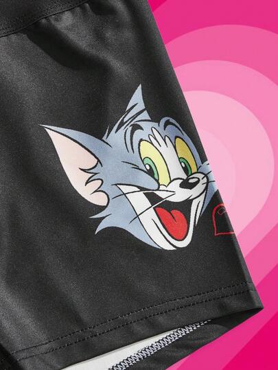 TOM & JERRY X SHEIN بمطاطية خصر مريحة مزخرفة برسم كرتوني رجالي تانك داخلي