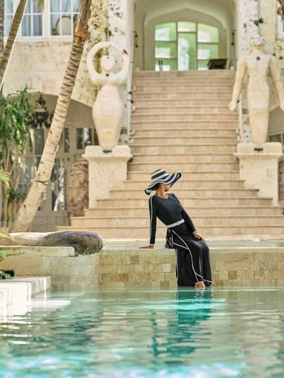 طقم تانكيني حريمي Swim Shayni بيكيني نسائي أكمام طويلة بياقة طاقم صيفي غير رسمي ومغطي بالكامل
