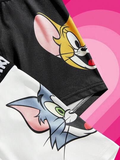 TOM & JERRY X SHEIN 2 قطعة ملابس داخلية رجالية بطبعات جرافيك كرتونية جميلة وشريط بحروف، باللونين الأبيض والأسود، مريحة وكاجوال