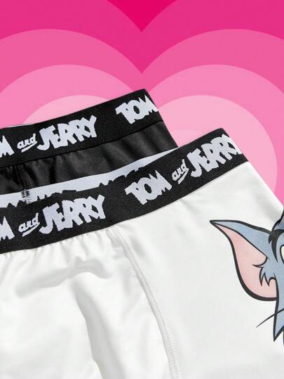 TOM & JERRY X SHEIN 2 قطعة ملابس داخلية رجالية بطبعات جرافيك كرتونية جميلة وشريط بحروف، باللونين الأبيض والأسود، مريحة وكاجوال