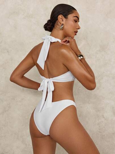 Swim Glamine مجموعة بكيني حلقي كلاسيكي أنيق وجذاب مزين بزهرة معدنية، للنساء، لفصل الصيف والعطلات الشاطئية