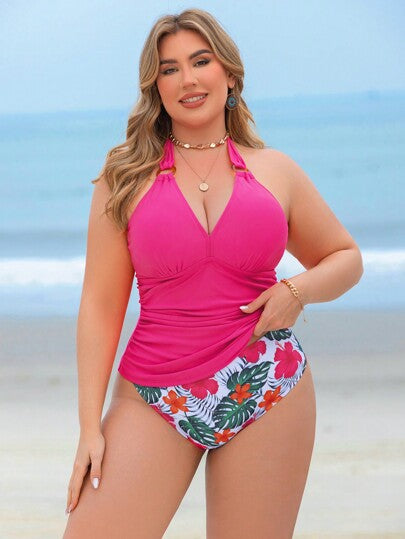 Swim Lushoire مجموعة مكونة من قطعتين من ملابس السباحة للسيدات البدينات ذات طبعات نباتية عشوائية بربطة عنق وشق مناسبة للاستجمام والعطلات الصيفية، ملابس السباحة العادية للشاطئ والعطلات الصيفية
