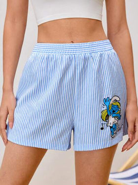 SHEIN X The Smurfs صدرية نسائية كاجوال ذات خطوط زرقاء، مناسبة للاستخدام اليومي، بطباعة كرتونية لصورة سمورفيت ، مناسبة للربيع والصيف