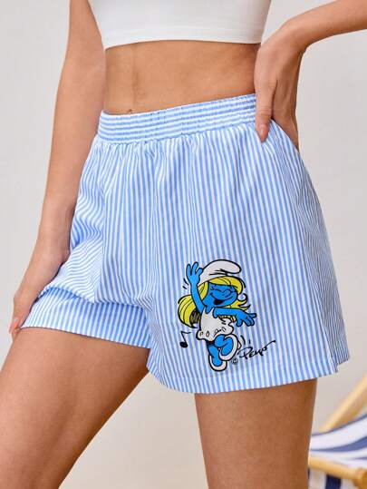 SHEIN X The Smurfs صدرية نسائية كاجوال ذات خطوط زرقاء، مناسبة للاستخدام اليومي، بطباعة كرتونية لصورة سمورفيت ، مناسبة للربيع والصيف
