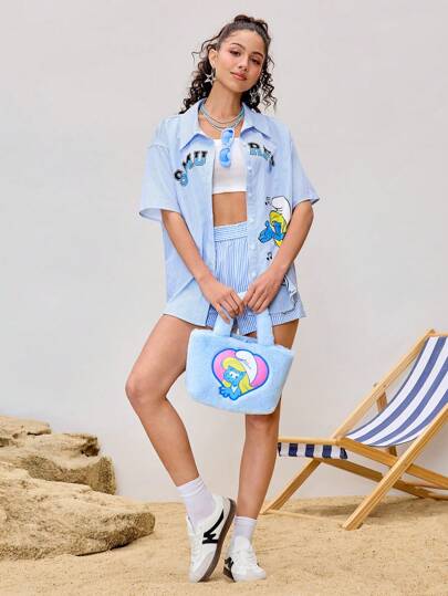 SHEIN X The Smurfs صدرية نسائية كاجوال ذات خطوط زرقاء، مناسبة للاستخدام اليومي، بطباعة كرتونية لصورة سمورفيت ، مناسبة للربيع والصيف