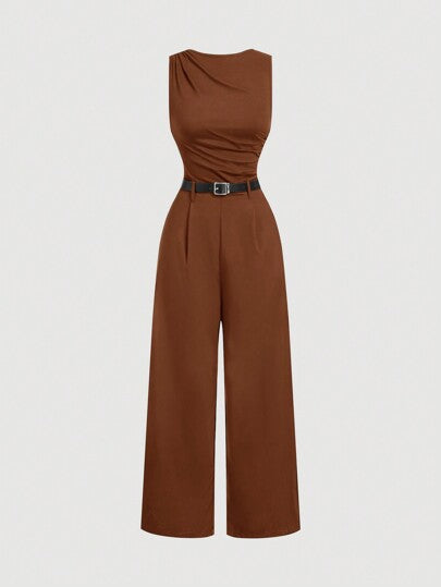 SHEIN MOD جمبسوت نسائية واسعة الساق مطرزة بالطيات بلون بني، مع حزام ، بطراز كاجوال