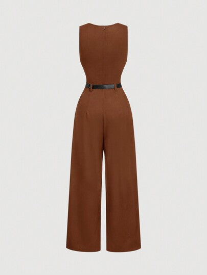 SHEIN MOD جمبسوت نسائية واسعة الساق مطرزة بالطيات بلون بني، مع حزام ، بطراز كاجوال