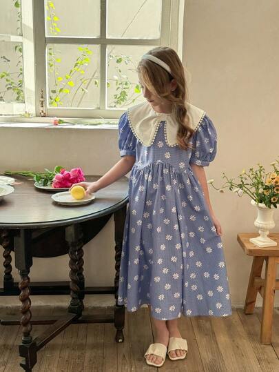 LMoss Kids فستان كاجوال مناسب للربيع والصيف لفتيات ما بين الطفولة والمراهقة، تصميم ملائم ومنتفخ بملمس محبوك مع طبعة الخطوط المتقاطعة والزهور الصغيرة، به ياقة من الدانتيل الأبيض