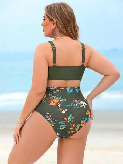Swim Lushoire مجموعة ملابس سباحة مناسبة للسيدات بمقاس كبير , مكونة من 2 قطعة ذات خصر عالي مع طباعة عشوائية, محتشمة التفاصيل والتصميم مناسبة للصيف والعطلات على الشاطئ