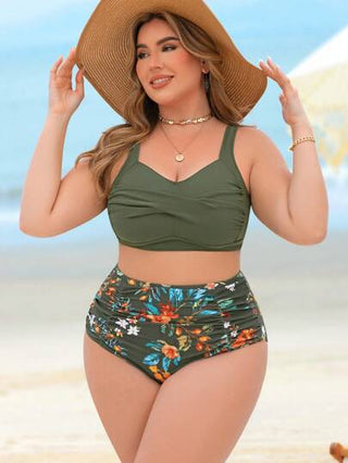 Swim Lushoire مجموعة ملابس سباحة مناسبة للسيدات بمقاس كبير , مكونة من 2 قطعة ذات خصر عالي مع طباعة عشوائية, محتشمة التفاصيل والتصميم مناسبة للصيف والعطلات على الشاطئ