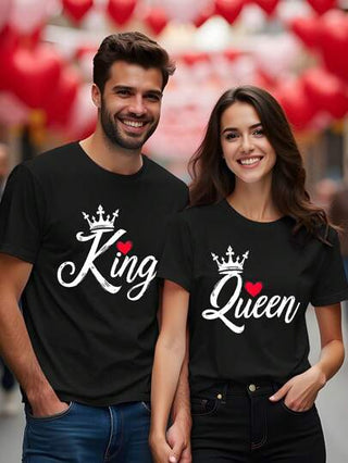 Manfinity Homme تي شيرت تي شيرت كاجوال للرجال 1 قطعة، بطباعة عنصري الملك والملكة، كم قصير، بقصة نحيفة مريحة، هدية مناسبة لعيد الحب لصديقك