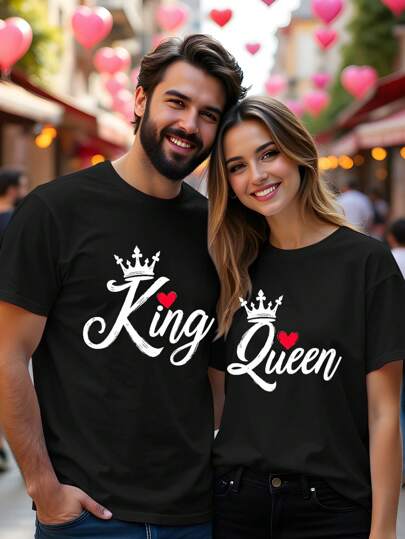 Manfinity Homme تي شيرت تي شيرت كاجوال للرجال 1 قطعة، بطباعة عنصري الملك والملكة، كم قصير، بقصة نحيفة مريحة، هدية مناسبة لعيد الحب لصديقك