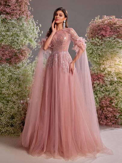 Glamrae فستان ماكسي أنيق وفاخر مزين بالتطريز الشبكي وخرز اللؤلؤ الصناعي والترتر، مناسب لضيوف الزفاف والحفلات والسهرات الرسمية والسهرات المسائية والعشاء