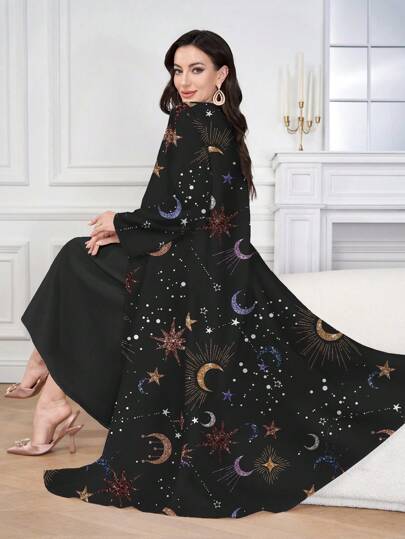 Al Najma عباءة بأكمام طويلة كاجوال مع تفاصيل الرسومات البسيطة، عباءات، متواضع
