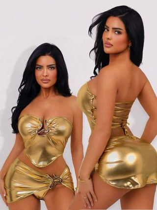 طقم تانكيني حريمي Swim SXY طقم منصة و تنورة قصيرة و سروال داخلي للنساء في الصيف 3 قطع، بلا ظهر، مع ربطة معدنية للديكور