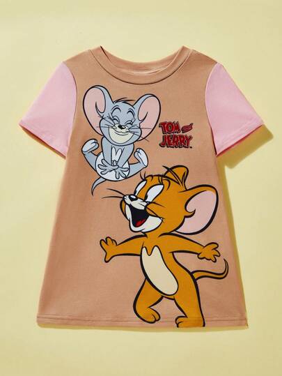 فساتين بيبي TOM & JERRY X  فستان كارتون فأر لطيف للأطفال البنات بأكمام قصيرة باللونين البني والوردي