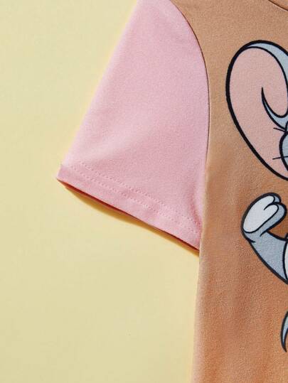فساتين بيبي TOM & JERRY X  فستان كارتون فأر لطيف للأطفال البنات بأكمام قصيرة باللونين البني والوردي