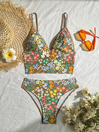 طقم تانكيني حريمي Swim Mod مجموعة حمالة قميص وبكيني ذات طبعات بارزة بشكل V للنساء، قطعتان