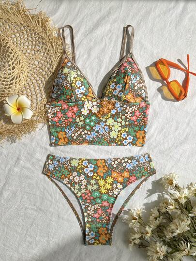 طقم تانكيني حريمي Swim Mod مجموعة حمالة قميص وبكيني ذات طبعات بارزة بشكل V للنساء، قطعتان