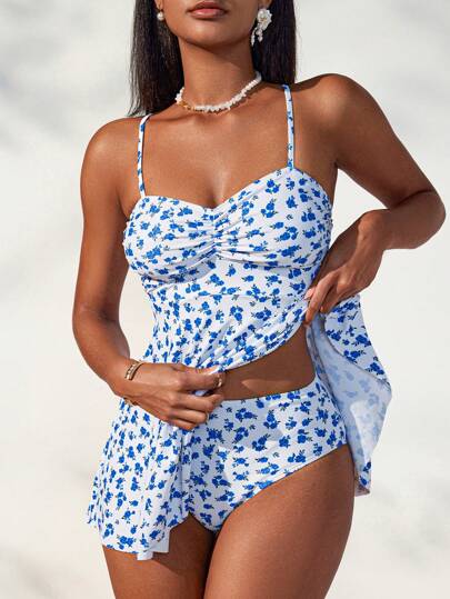 طقم تانكيني حريمي Swim Lushoire طقم تانكيني كامل طباعة الأزهار كاملة مشدود مع حمالات خيطية للنساء ، للتشمس والاستحمام في الشاطئ صيفاً